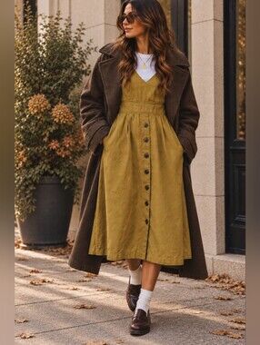 GAP Mustard Yellow Linen Midi Dress Button Front Cottagecore Dark Academia 4 S